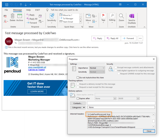 The message header displayed in Outlook.