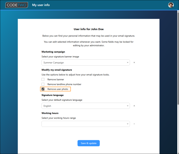 Hiding the user photo in the signature template by selecting an attribute value in My user info.