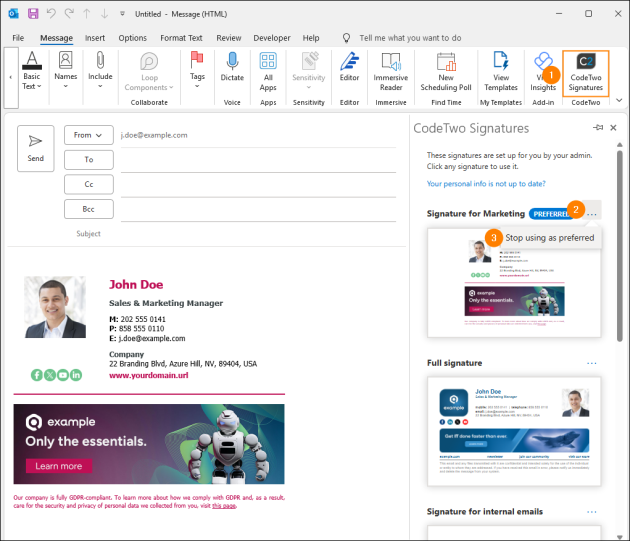 Removing a signature preference in the CodeTwo add-in pane.