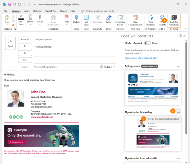 Setting a preferred signature in the CodeTwo add-in pane.