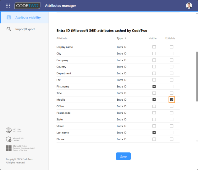 Checkbox that makes the Mobile attribute editable.
