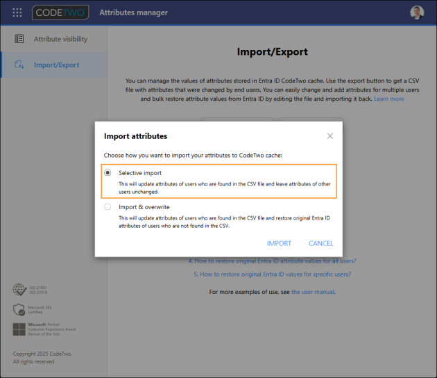 Choosing the selective import method.