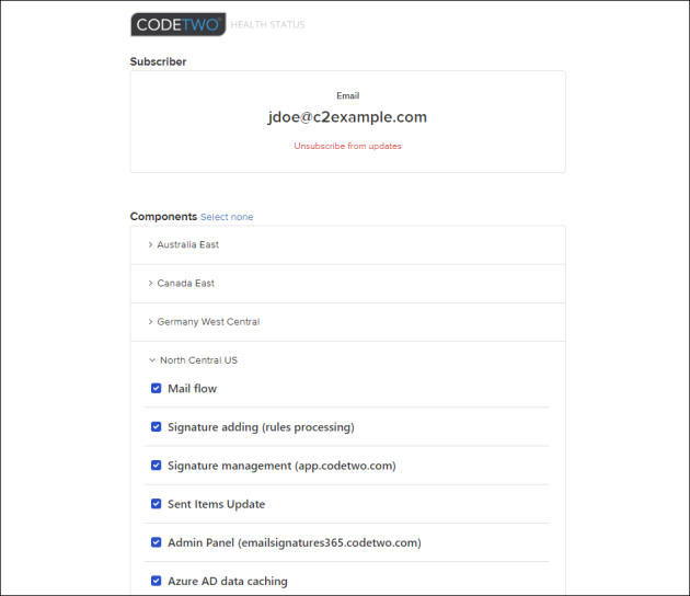 Email subscription editing is possible via the status page.