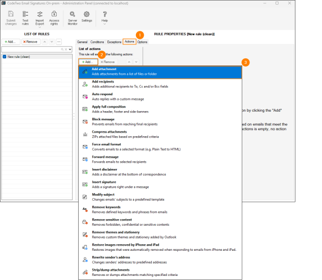 Selecting the Add attachment action on the Actions tab.