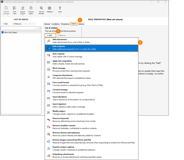 The Add recipients action on the Actions tab.