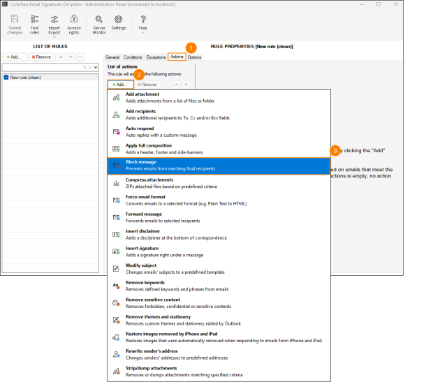 Block message on the Actions tab.