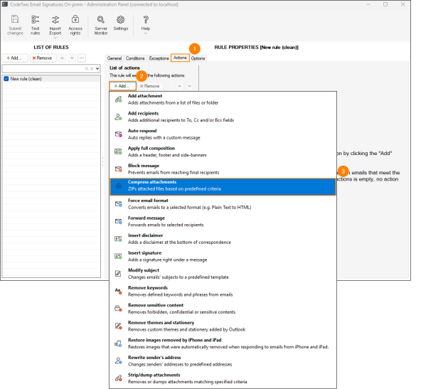 Choosing Compress attachments on the Actions tab.