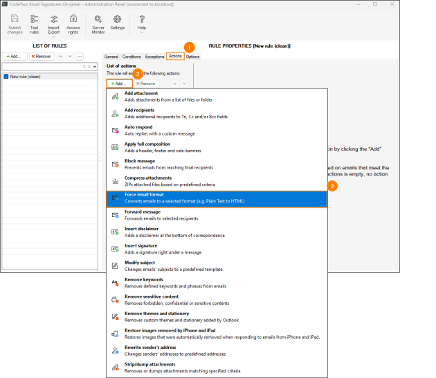 Choosing the Force email format action.