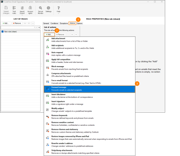Choosing the Forward message action.