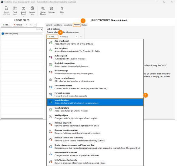 Choosing the Insert disclaimer action on the Actions tab.