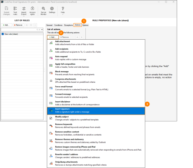 Choosing the Insert signature action on the Actions tab.