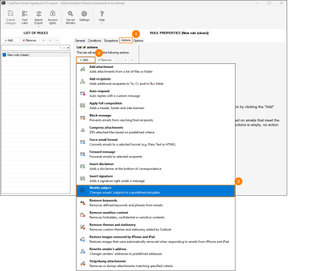 Choosing the Modify subject action on the Actions tab.