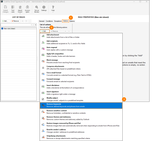Choosing the Remove keywords action on the Actions tab.