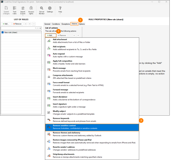 Choosing the Remove sensitive content action from the Actions tab.