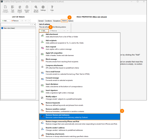 Choosing the Remove themes and stationery action on the Actions tab.