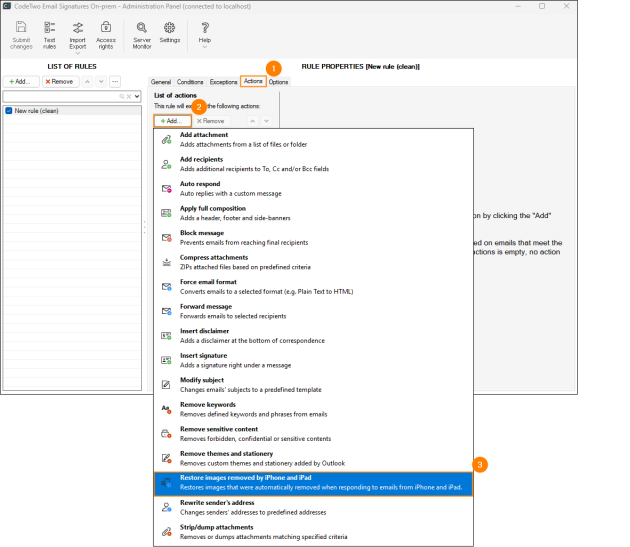 Choosing the Restore images removed by iPhone and iPad action on the Actions tab.