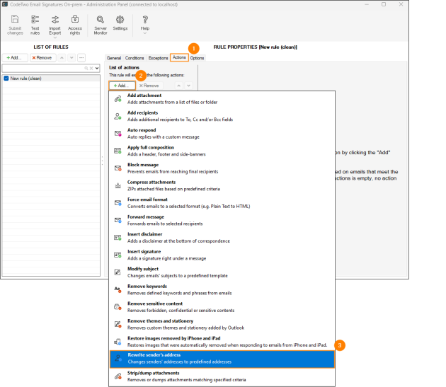 Choosing the Rewrite sender's address action on the Actions tab.