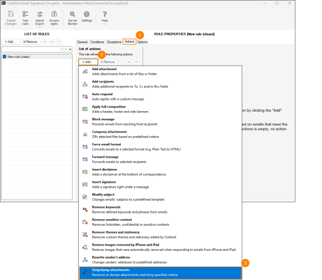 Choosing the Strip/dump attachments action on the Actions tab.