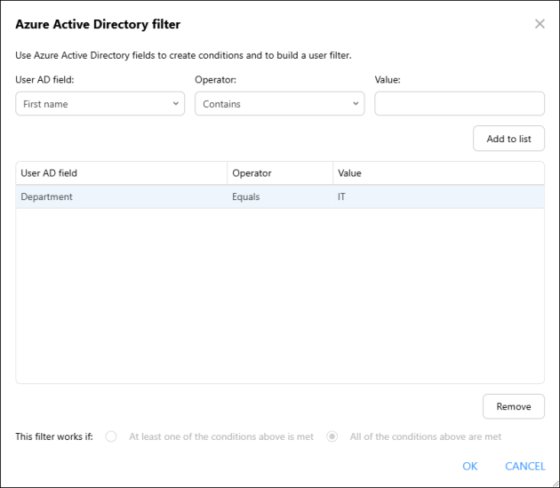 The Azure Active Directory filter options.