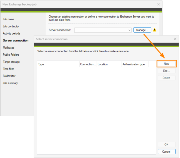 Creating a new Exchange Online connection.