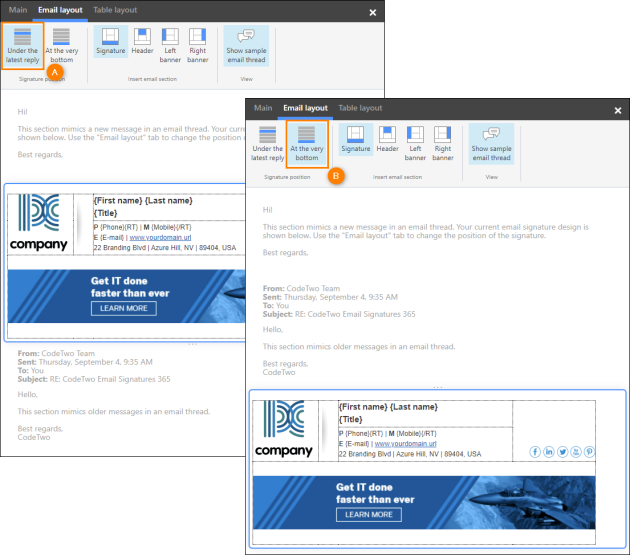 With the sample email thread sections turned on, you know exactly where your email signature will be added.
