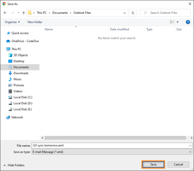 Saving an email exported from Gmail as an EML file.