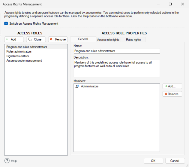 The Access Rights Management configuration window.