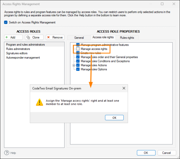This window pops up if you remove the Manage access rights permission from all roles.