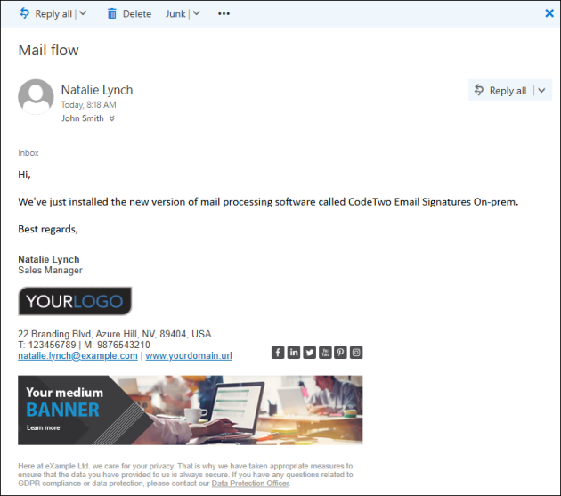 A signature with a banner added to outgoing mail.