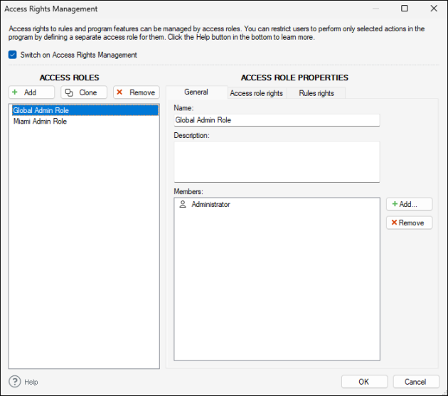 Rule access rights set for a tenant, with a Global Administrator and an Administrator assigned only for this tenant.