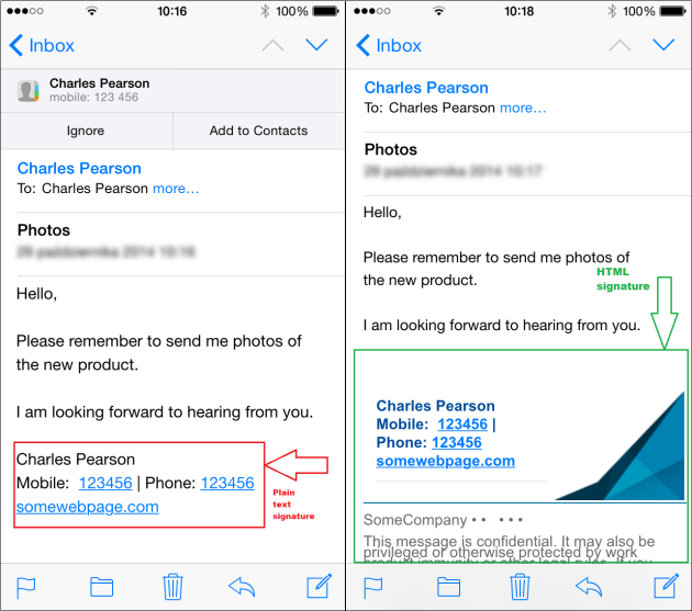 HTML vs plain text in a mobile email signature.