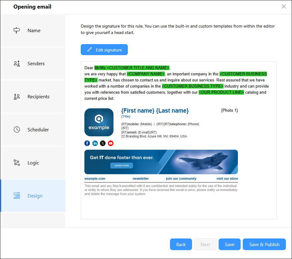 A preview of a canned response containing the full email text with places to fill in and a complete signature.