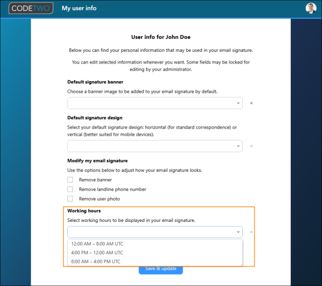 Selecting an attribute value with working hours information in the My user info app.