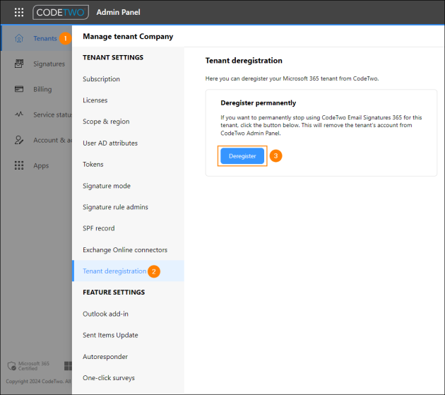 Deregistering a tenant from CodeTwo Admin Panel (Outlook mode).