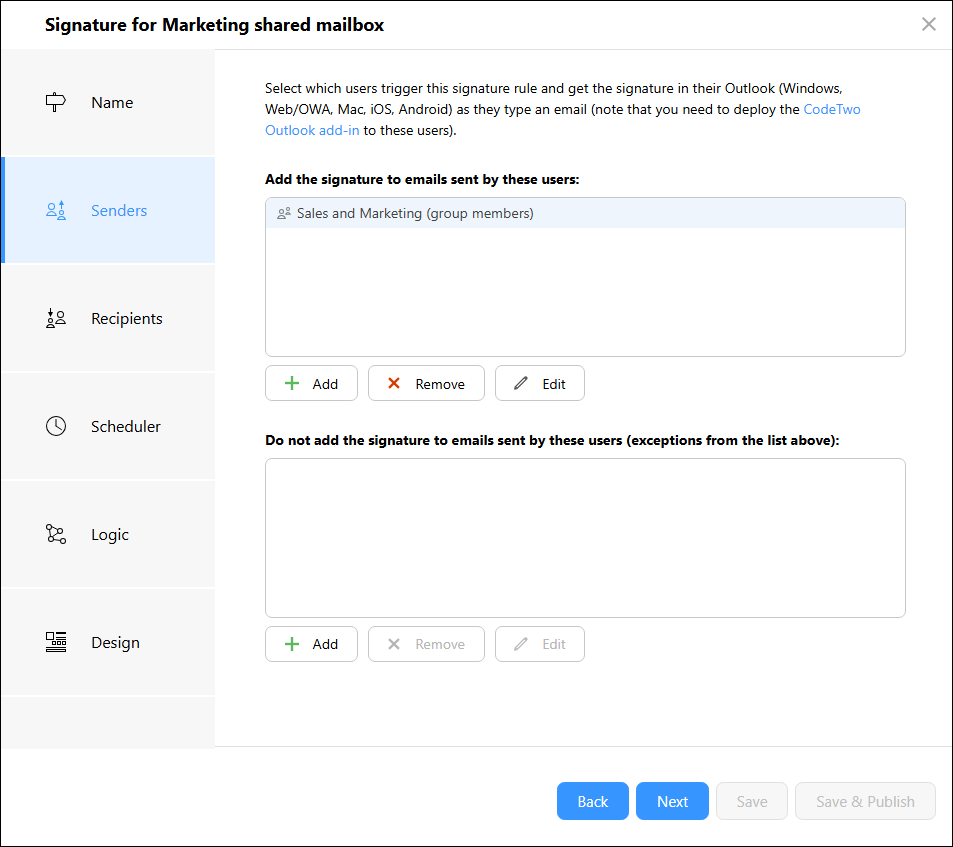 Select the users for whom you want to set up a separate signature.