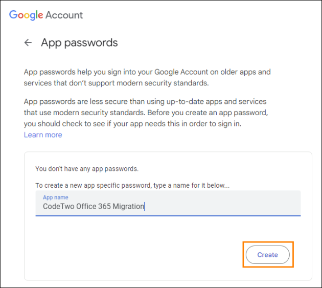 Creating an app password.