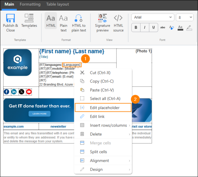 Editing a placeholder in the signature template editor.
