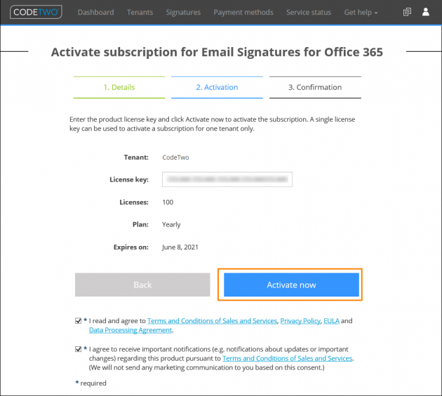 Activating the subscription for CodeTwo Email Signatures for Office 365.