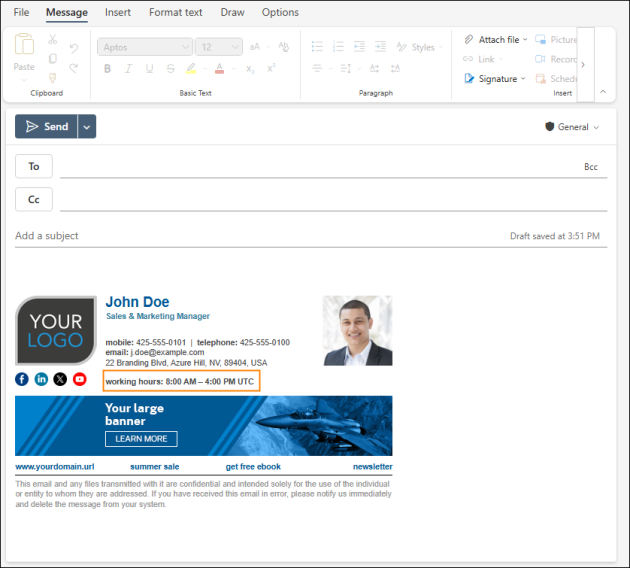 Additional information on the user’s working hours displayed in an email signature.
