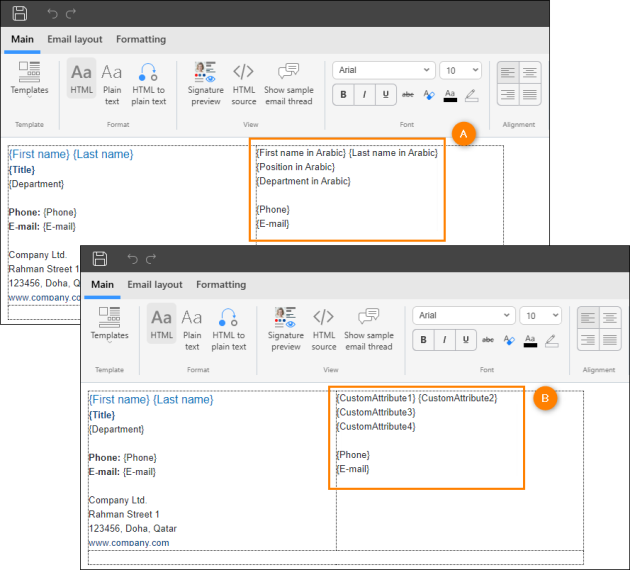 The two versions of the initial design of the Arabic language section, depending on the used type of custom attributes (A – CodeTwo, B – Exchange Online).