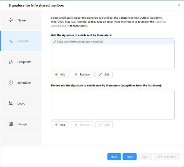 Select the users for whom you want to set up a separate signature.