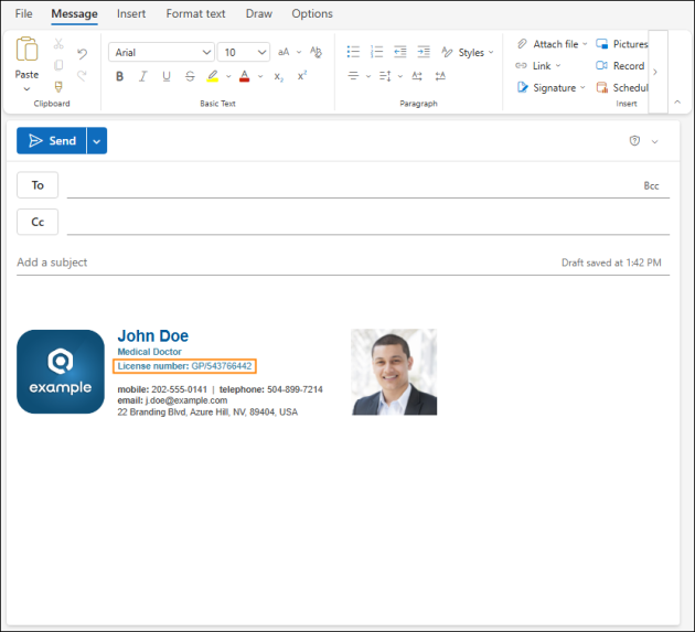 Additional information on the user’s license number displayed in an email signature.