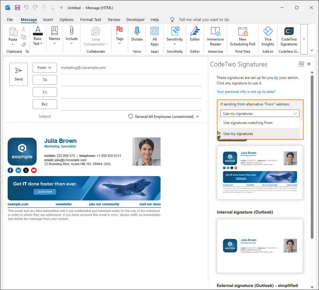 Using these options in the add-in pane, you can switch between personal and shared mailbox signatures.