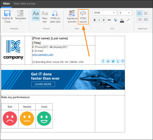 Accessing the signature’s HTML code in the editor.