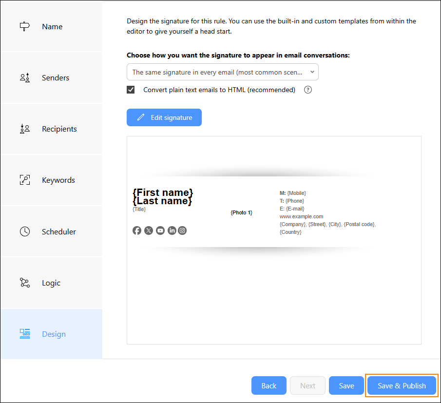 Save and publish the signature rule