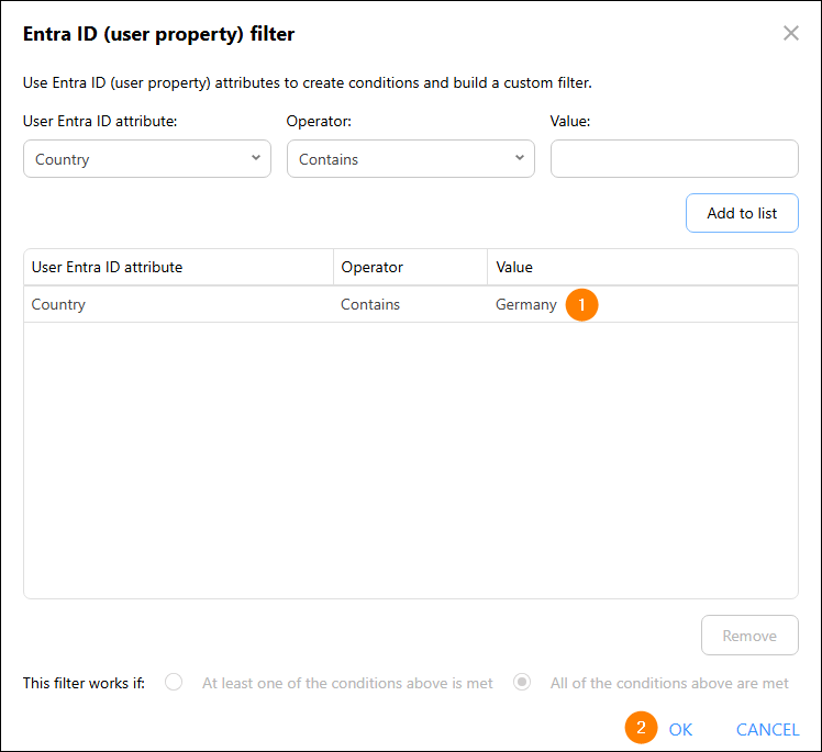 The Entra ID (user property) filter options let you add a signature to all users who meet certain criteria.