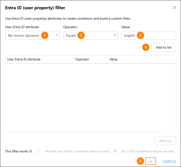 Adding the condition that activates the rule based on a CodeTwo custom attribute value provided by a user.