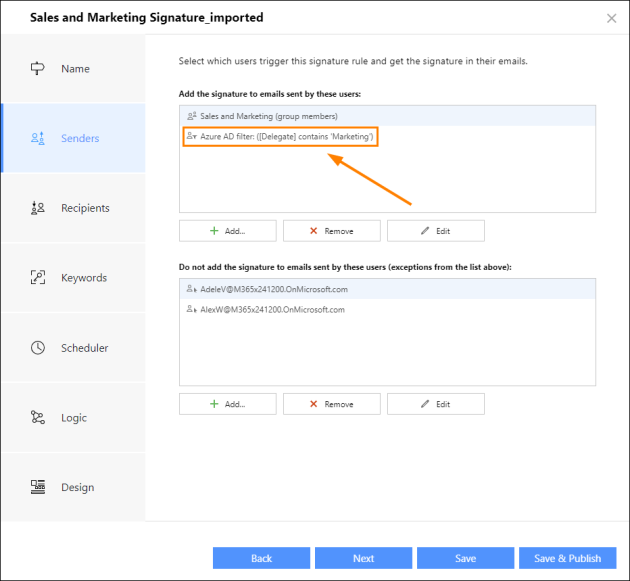 This Azure AD filter condition uses the following CodeTwo custom attribute: Delegate.