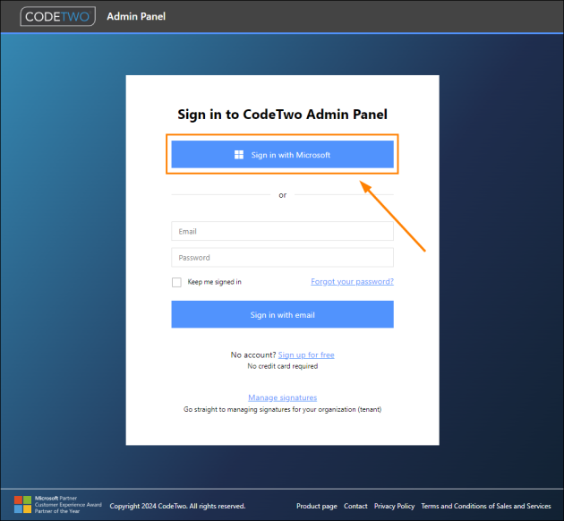 Signing in to CodeTwo Admin Panel with a Microsoft account.