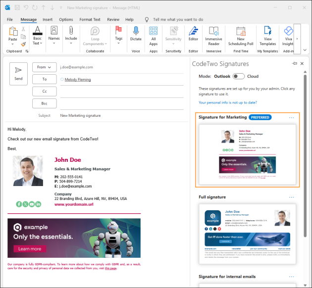 An Outlook (client-side) signature marked as preferred in the CodeTwo add-in pane.